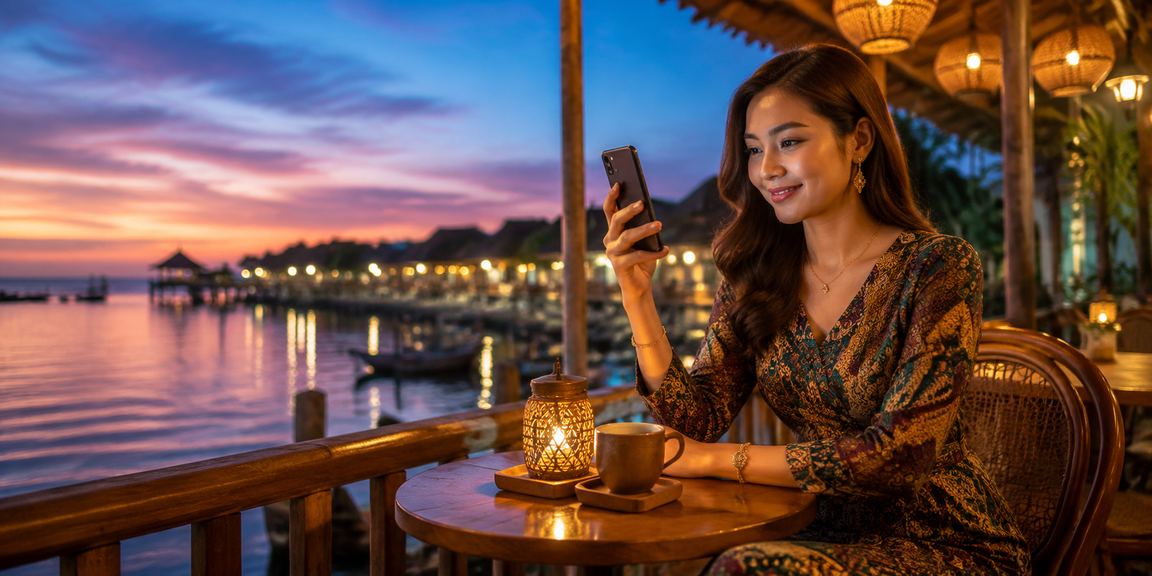 Pengguna Malaysia berpakaian batik mengakses platform sukan dalam talian di telefon